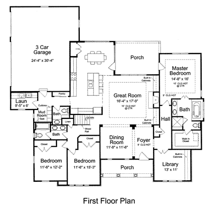 Craftsman, Ranch House Plan 92604 with 3 Beds, 3 Baths, 3 Car Garage First Level Plan