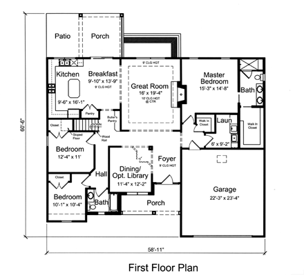 Ranch House Plan 92605 with 3 Beds, 2 Baths, 2 Car Garage First Level Plan