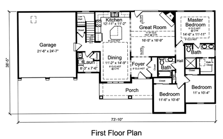 Ranch House Plan 92616 with 3 Beds, 2 Baths, 2 Car Garage First Level Plan