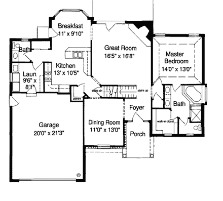 Bungalow, European House Plan 92629 with 4 Beds, 3 Baths, 2 Car Garage First Level Plan