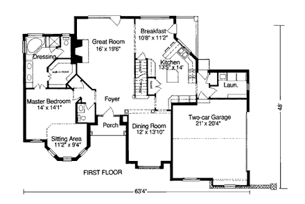 European House Plan 92651 with 4 Beds, 4 Baths, 2 Car Garage First Level Plan