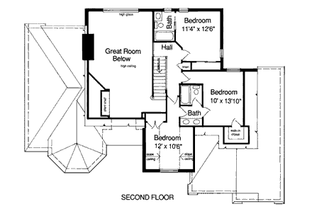 European House Plan 92651 with 4 Beds, 4 Baths, 2 Car Garage Second Level Plan