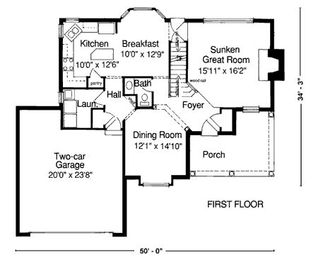 Country, European House Plan 92652 with 3 Beds, 3 Baths, 2 Car Garage First Level Plan