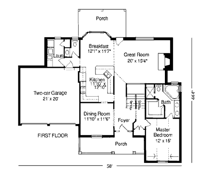 Bungalow, Country House Plan 92697 with 3 Beds, 3 Baths, 2 Car Garage First Level Plan