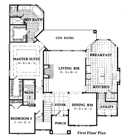 European House Plan 92904 with 5 Beds, Baths, 2 Car Garage First Level Plan