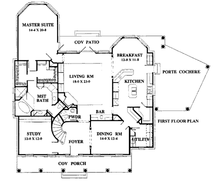 Colonial, Country House Plan 92909 with 4 Beds, 4 Baths, 2 Car Garage First Level Plan