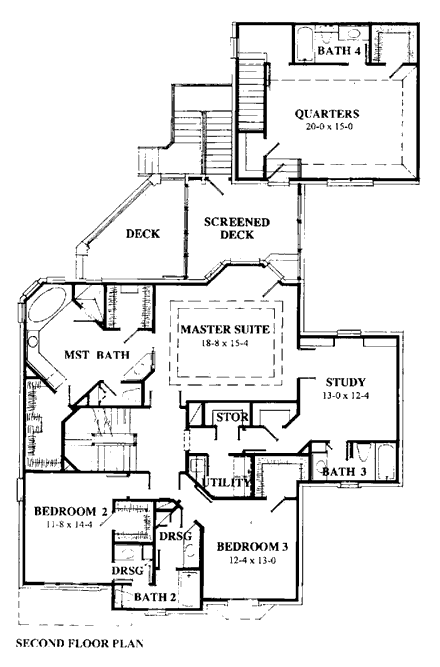 Colonial, European House Plan 92910 with 4 Beds, 4 Baths, 2 Car Garage Second Level Plan
