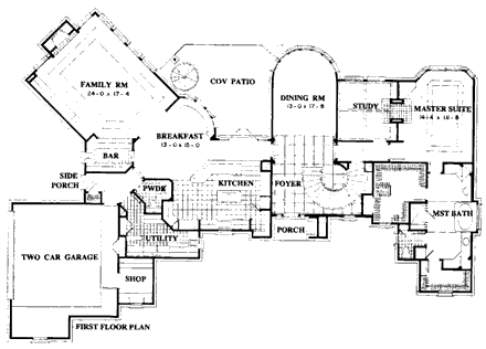 European, Tudor House Plan 92914 with 4 Beds, 4 Baths, 2 Car Garage First Level Plan