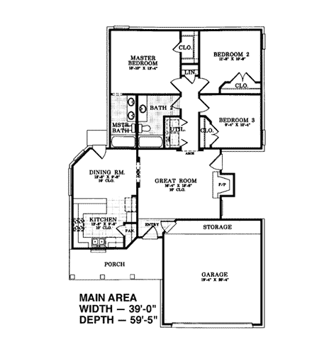 Narrow Lot, Traditional House Plan 93001 with 3 Beds, 2 Baths, 2 Car Garage First Level Plan