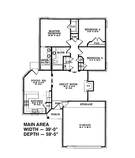 Narrow Lot, Ranch House Plan 93002 with 3 Beds, 2 Baths, 2 Car Garage First Level Plan