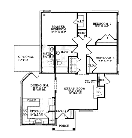 Ranch House Plan 93003 with 3 Beds, 2 Baths First Level Plan