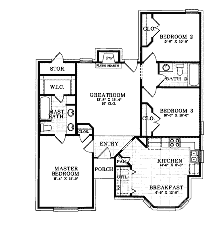 Ranch, Victorian House Plan 93005 with 3 Beds, 2 Baths First Level Plan