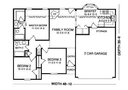 Ranch House Plan 93018 with 3 Beds, 2 Baths, 2 Car Garage First Level Plan