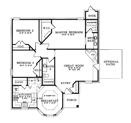 European, Traditional House Plan 93022 with 3 Beds, 2 Baths First Level Plan