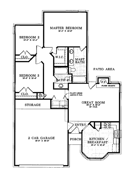 Ranch, Victorian House Plan 93024 with 3 Beds, 2 Baths, 2 Car Garage First Level Plan
