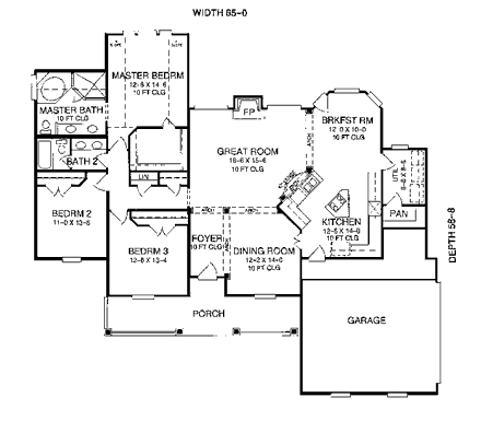 One-Story, Ranch House Plan 93085 with 3 Beds, 2 Baths, 2 Car Garage First Level Plan