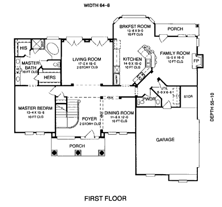 European House Plan 93090 with 4 Beds, 4 Baths, 2 Car Garage First Level Plan