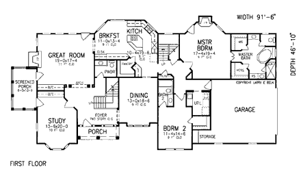 European House Plan 93093 with 4 Beds, 4 Baths, 2 Car Garage First Level Plan
