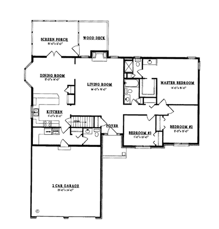 One-Story, Ranch House Plan 93100 with 3 Beds, 3 Baths, 2 Car Garage First Level Plan