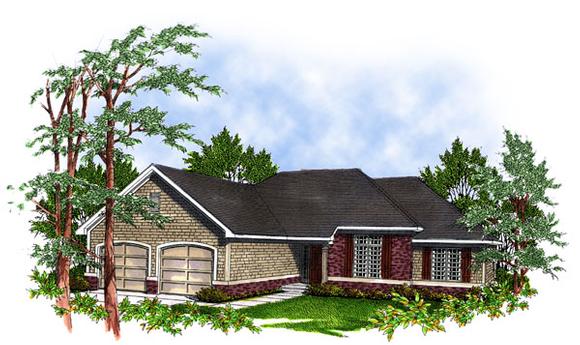 One-Story, Ranch House Plan 93100 with 3 Beds, 3 Baths, 2 Car Garage Elevation