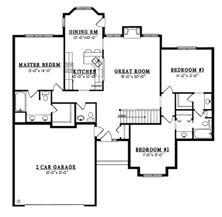 One-Story, Ranch House Plan 93120 with 3 Beds, 3 Baths, 2 Car Garage First Level Plan