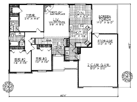 European, One-Story, Ranch House Plan 93161 with 3 Beds, 2 Baths, 2 Car Garage First Level Plan