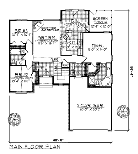 European, Ranch House Plan 93165 with 3 Beds, 2 Baths, 2 Car Garage First Level Plan
