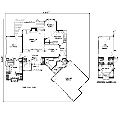 Bungalow, Country House Plan 93302 with 3 Beds, 3 Baths, 2 Car Garage First Level Plan
