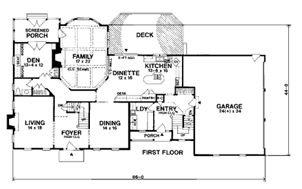 Cape Cod, Colonial, Southern House Plan 93336 with 4 Beds, 4 Baths, 3 Car Garage First Level Plan