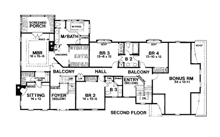 Cape Cod, Colonial, Southern House Plan 93336 with 4 Beds, 4 Baths, 3 Car Garage Second Level Plan