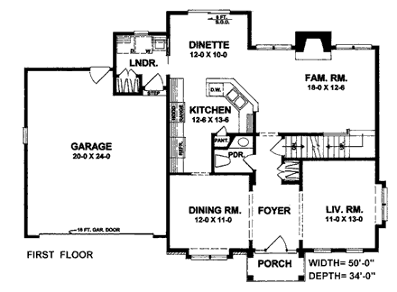 Bungalow, Colonial, Country House Plan 93342 with 3 Beds, 3 Baths, 2 Car Garage First Level Plan