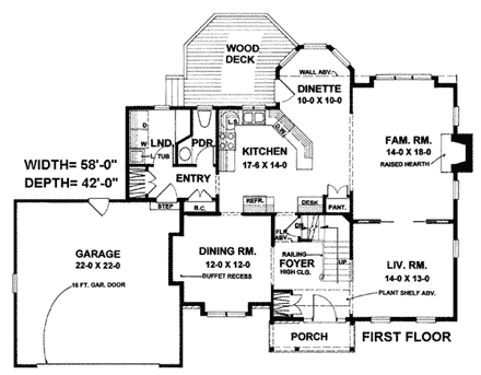 European House Plan 93356 with 4 Beds, 3 Baths, 2 Car Garage First Level Plan