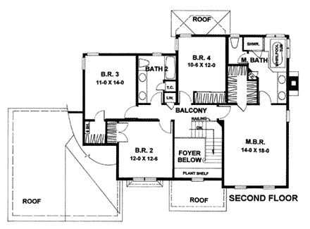 European House Plan 93356 with 4 Beds, 3 Baths, 2 Car Garage Second Level Plan