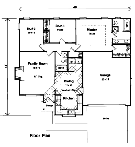 Cabin, One-Story, Ranch House Plan 93403 with 3 Beds, 2 Baths, 2 Car Garage First Level Plan