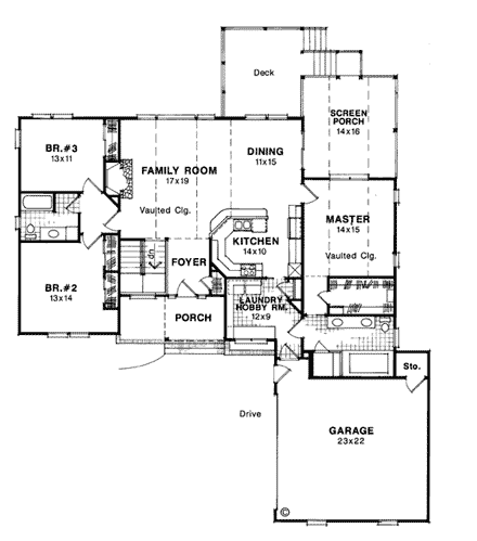 One-Story, Ranch House Plan 93405 with 3 Beds, 2 Baths First Level Plan