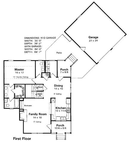 Colonial, Country, Southern House Plan 93409 with 4 Beds, 3 Baths, 2 Car Garage First Level Plan