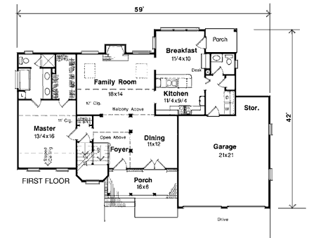 European House Plan 93420 with 3 Beds, 3 Baths, 2 Car Garage First Level Plan