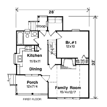 Cabin, Cape Cod House Plan 93422 with 2 Beds, 1 Baths First Level Plan