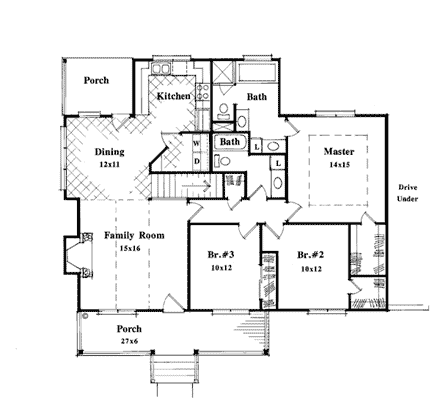 Country, European House Plan 93429 with 3 Beds, 2 Baths, 2 Car Garage First Level Plan