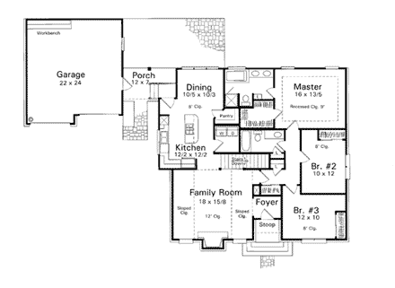European House Plan 93430 with 3 Beds, 2 Baths, 2 Car Garage First Level Plan
