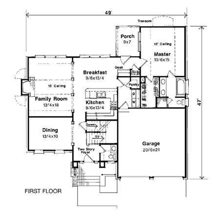 European House Plan 93434 with 4 Beds, 3 Baths, 2 Car Garage First Level Plan