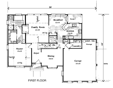 European House Plan 93436 with 4 Beds, 3 Baths, 2 Car Garage First Level Plan