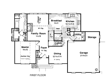 European House Plan 93438 with 4 Beds, 3 Baths, 2 Car Garage First Level Plan