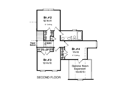 European House Plan 93438 with 4 Beds, 3 Baths, 2 Car Garage Second Level Plan