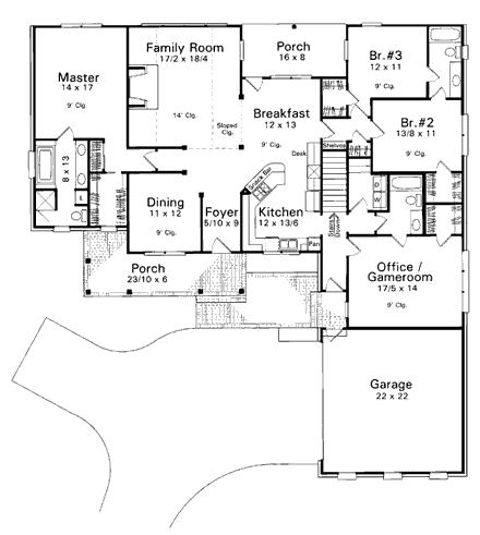 One-Story, Ranch House Plan 93440 with 3 Beds, 3 Baths, 2 Car Garage First Level Plan