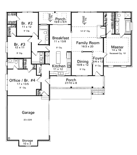 One-Story, Ranch House Plan 93441 with 4 Beds, 3 Baths, 2 Car Garage First Level Plan