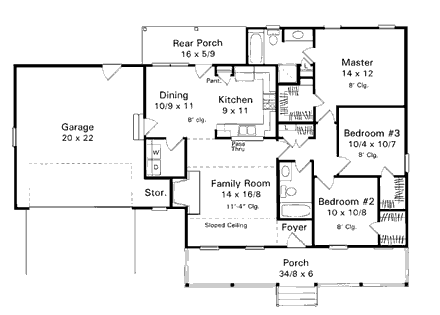 Country, One-Story, Ranch House Plan 93449 with 3 Beds, 2 Baths, 2 Car Garage First Level Plan
