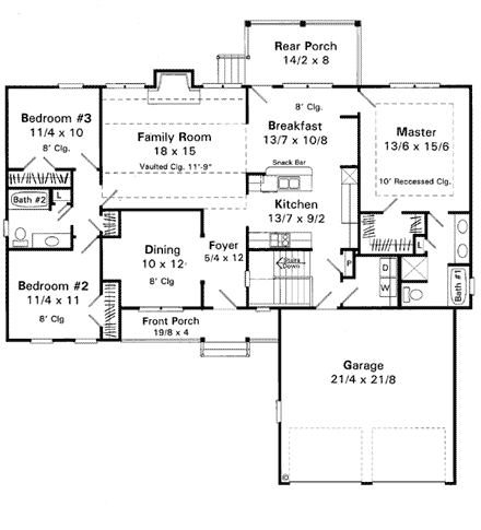 One-Story, Ranch House Plan 93464 with 3 Beds, 2 Baths, 2 Car Garage First Level Plan