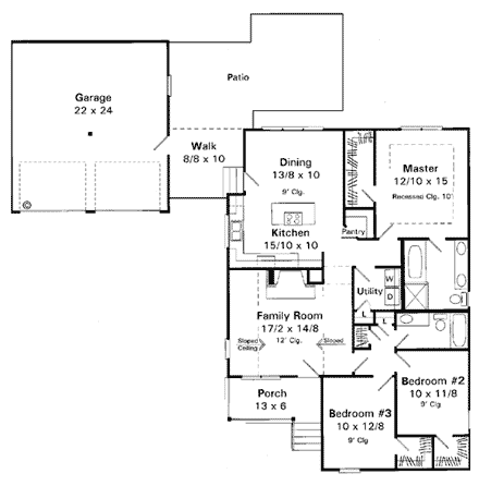 Bungalow, Country, One-Story House Plan 93470 with 3 Beds, 2 Baths, 2 Car Garage First Level Plan