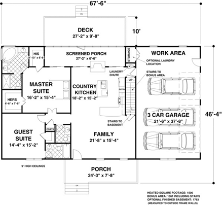 House Plan 93480 with 2 Beds, 3 Baths, 3 Car Garage First Level Plan